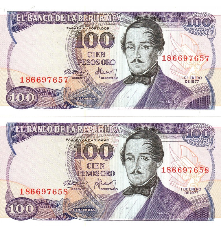 Colombia 100 Pesos Oro 1977 Pick 418 (5 Consecutivos-9 dígitos) NO UNC